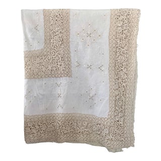 Antique 1930s Gros Point Venise Needle Lace and Linen Tablecloth For Sale