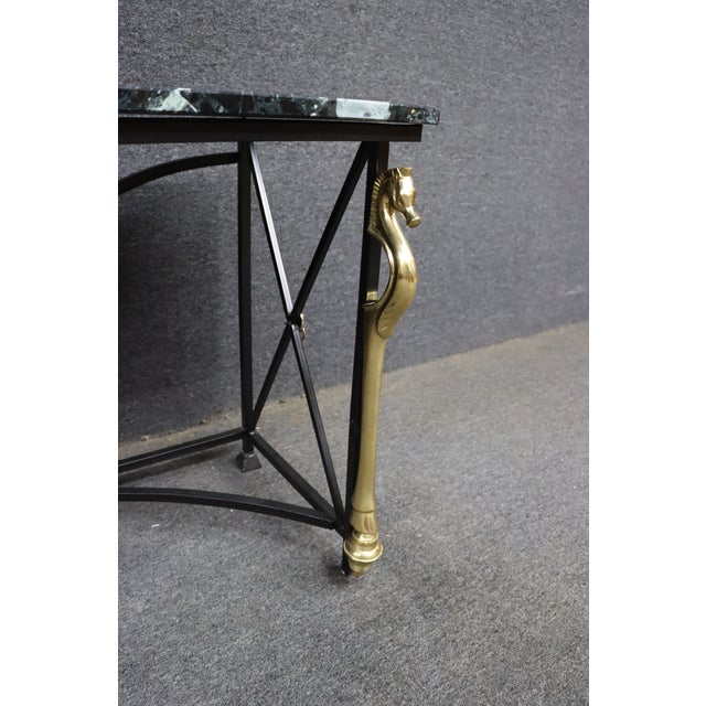 Hollywood Regency Maison Charles Style Brass Seahorse Console Table With Verdi Marble Top For Sale - Image 3 of 15