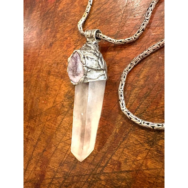 Wonderful, handmade vintage Sterling, silver quartz and amethyst pendant necklace 18 inches long.