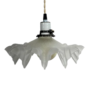 Frosted White Pendant Light With Antique French Handkerchief Glass Featuring Deep Frilled Edge