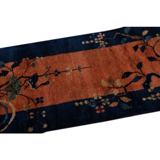 Blue Antique Art Deco Handmade Tan and Blue Floral Scatter Wool Rug For Sale - Image 8 of 10