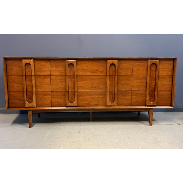 Mid-Century Modern Lane Summit Mid Century Modern 9 Drawer Dresser, Walnut Lowboy With Burl Inserts For Sale - Image 3 of 13