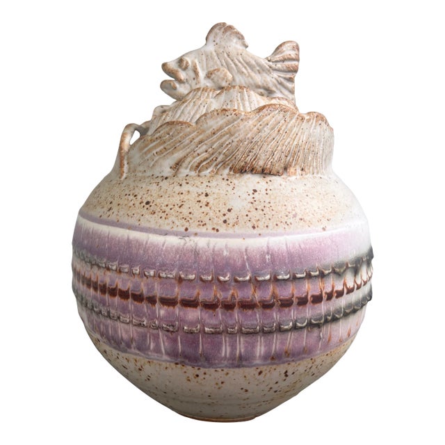 1980s Handcrafted Studio Pottery Lidded Jar With Fish Finial – Signed “Dragm” For Sale