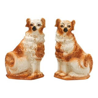 19th Century Antique Pair Bo’Ness Wally Spaniel Mantel Dogs - Staffordshire Style Scottish Pottery W/Glass Eyes & Gilt Details - 12.5” See Pics! For Sale