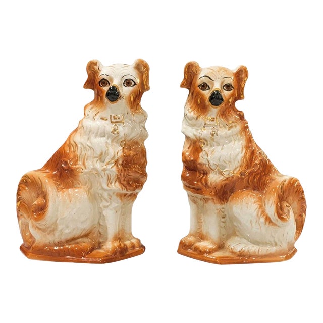 19th Century Antique Pair Bo’Ness Wally Spaniel Mantel Dogs - Staffordshire Style Scottish Pottery W/Glass Eyes & Gilt Details - 12.5” See Pics! For Sale