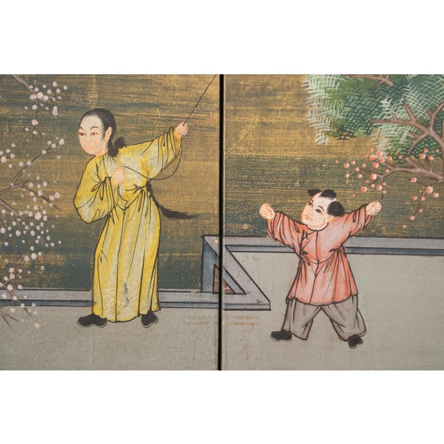 C. 1940s Vintage Chinese Painted Folding Screen "Flying Kites" For Sale - Image 11 of 16