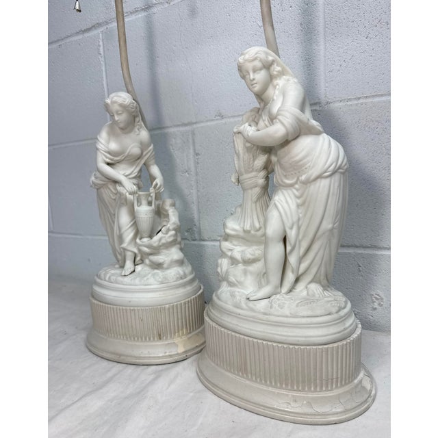 Off-white Vintage French NeoClassical Parian Porcelain Figural Electric Table Lamps - Pair For Sale - Image 8 of 13
