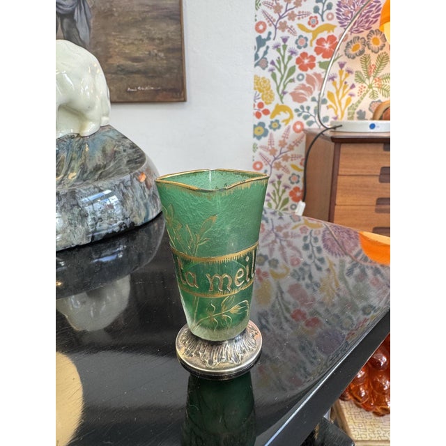 Daum Frères, Nancy Mini Vase/Shot Glass Overlay glass, green. Etched and gilded decoration with snowdrops, applied in...