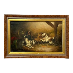 Oil on Canvas Painting, "Terriers Playfully Fighting" by Frank Cassell