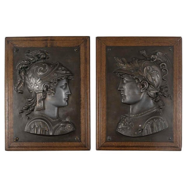 Patinated Metal Bas-Reliefs on Wooden Display Stand, 1800s, Set of 2 For Sale - Image 11 of 11