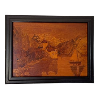 Mid 20th Century Inlaid Marquetry of Chillon Castle in Switzerland, Framed For Sale