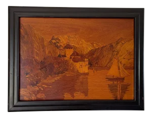 Mid 20th Century Inlaid Marquetry of Chillon Castle in Switzerland, Framed