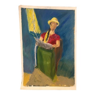 Vintage Original Figurative Painting Woman Reading Newspaper Oil Pastel on Paper, Unknown Artist For Sale