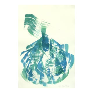 The Blue Green Dress 2 - Abstract Flowy Minimalist Figurative Ink Painting on Paper by Bettina Mauel For Sale