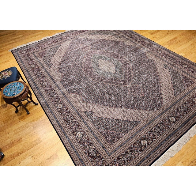 Antique Oversized Tabriz Mahi Rug, Hand-Knotted Wool & Silk, Herati Geometric Pattern, Navy & Burgundy, 12x15 For Sale - Image 11 of 18