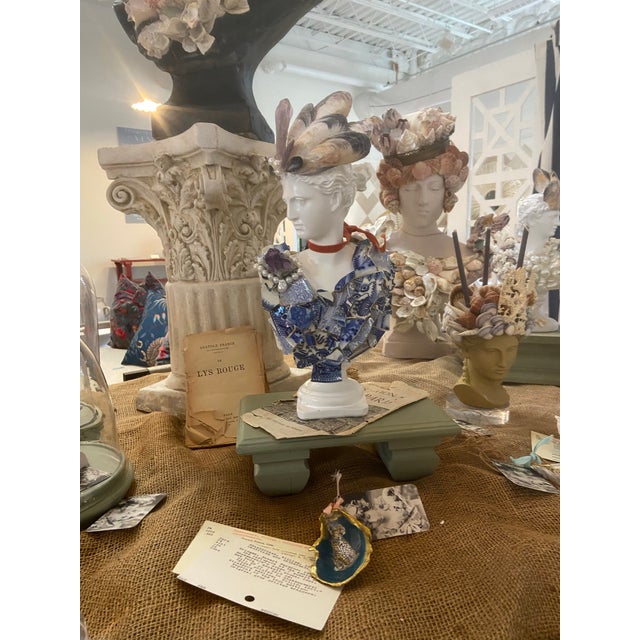 Shell-Encrusted Bust in Farrow & Ball “Duster” With Antique Chinese Carved Relic For Sale - Image 9 of 12