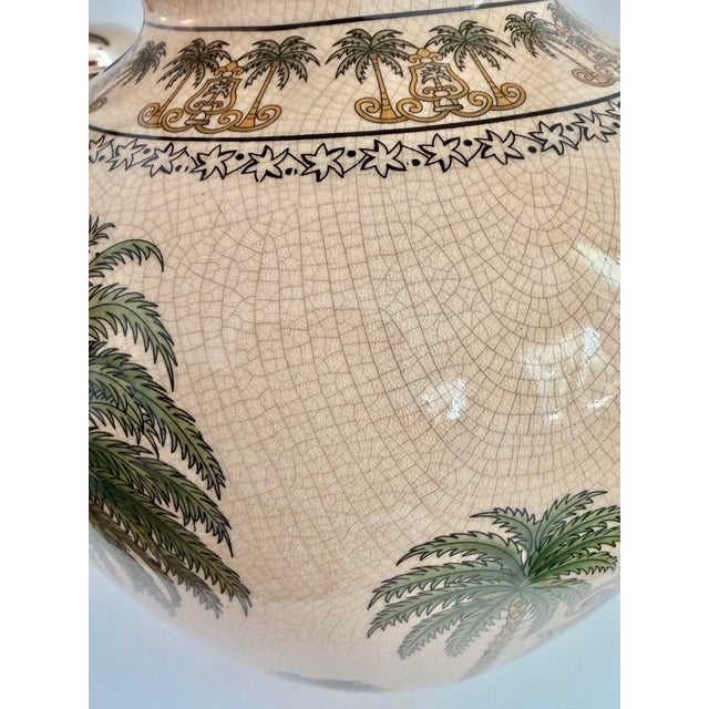 Vintage Palm Tree Crackle Glaze Vase | Large British Colonial Coastal Ceramic Urn | 11.5” X 8.5” For Sale - Image 4 of 7