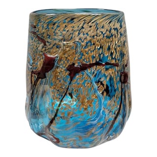 Murano Style Turquoise Art Glass Vase With Gold Flecks For Sale