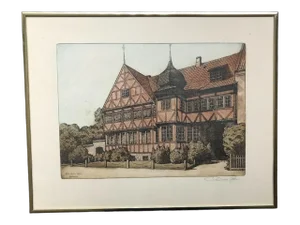 1935 "Horsens" Tudor Architectural Etching by Otto Holm, Framed