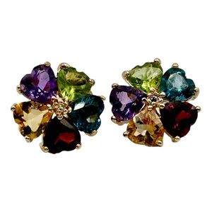 Heart Cut Multi Color Cluster Earrings With Center Diamond - 14k Yellow Gold, 2 Pieces