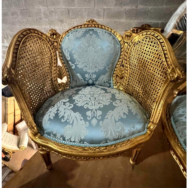 French Louis XV Style Bergere Wing Chair Set With Gold Leaf Details For Sale - Image 3 of 9
