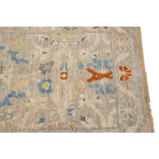 Textile Beige Floral Modern Handmade Sultanabad Wool Runner For Sale - Image 7 of 10