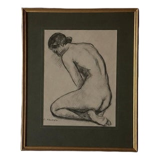 Carl Felkel, Female Nude Charcoal Drawing, Chalk and Charcoal, Framed For Sale