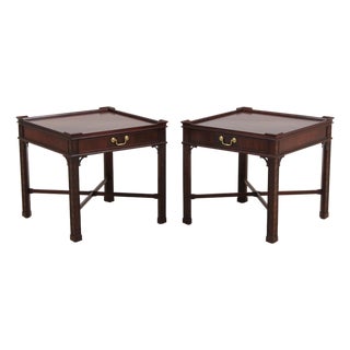 Pair of Baker Chippendale Mahogany Lamp Tables W. Drawer For Sale