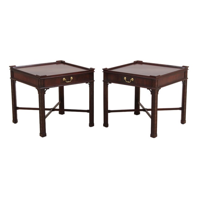 Pair of Baker Chippendale Mahogany Lamp Tables W. Drawer For Sale
