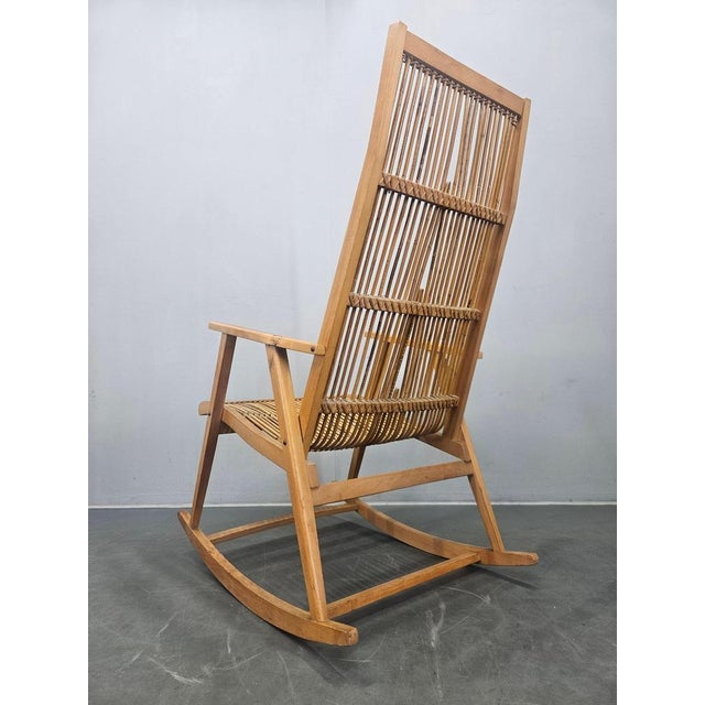 Midcentury Wood and Rattan Rocking Chair, Denmark, 1960s For Sale - Image 9 of 12