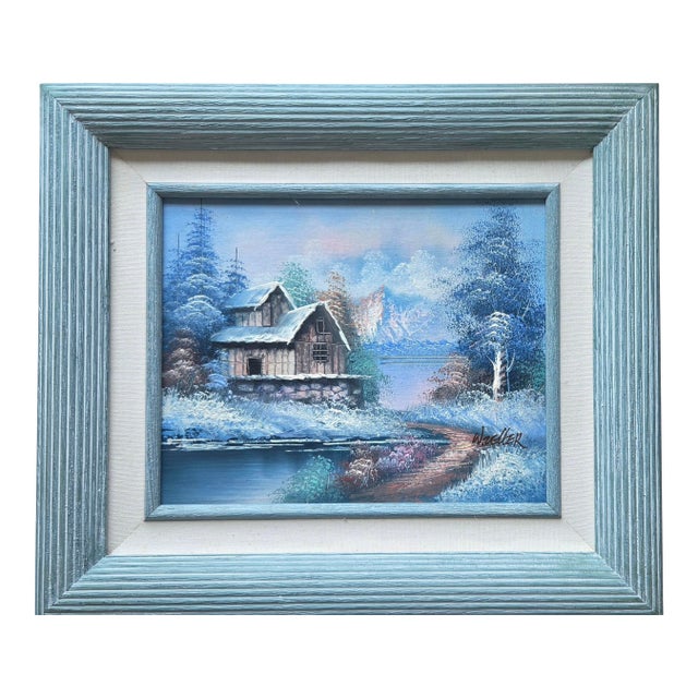W Zeller Original Oil Painting Winter Snow Scene Forest Cabin Framed Art For Sale