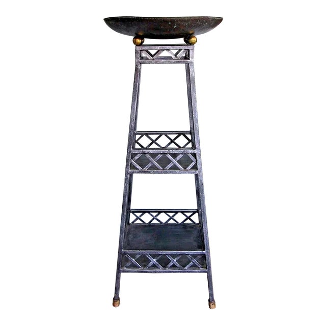 1990s Maitland-Smith Metal Two Shelf Copper Bowl Top Jardiniere Etagere Stand For Sale