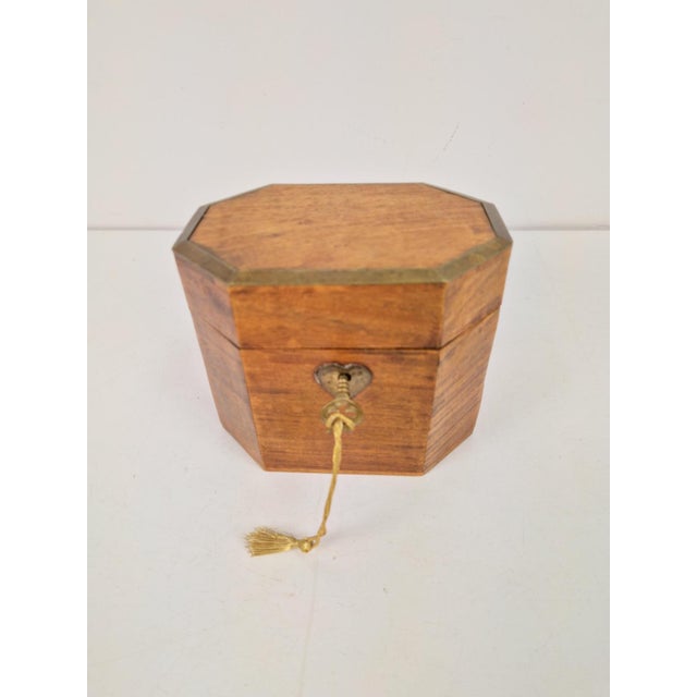 Antique Octagonal Wood and Brass Tea Caddy Box, 1960s For Sale - Image 3 of 9