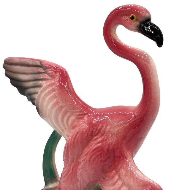 1950s Mid-Century 11" Tall Open Wing Pink Flamingo Ceramic Tabletop Statue, Pair For Sale - Image 4 of 18