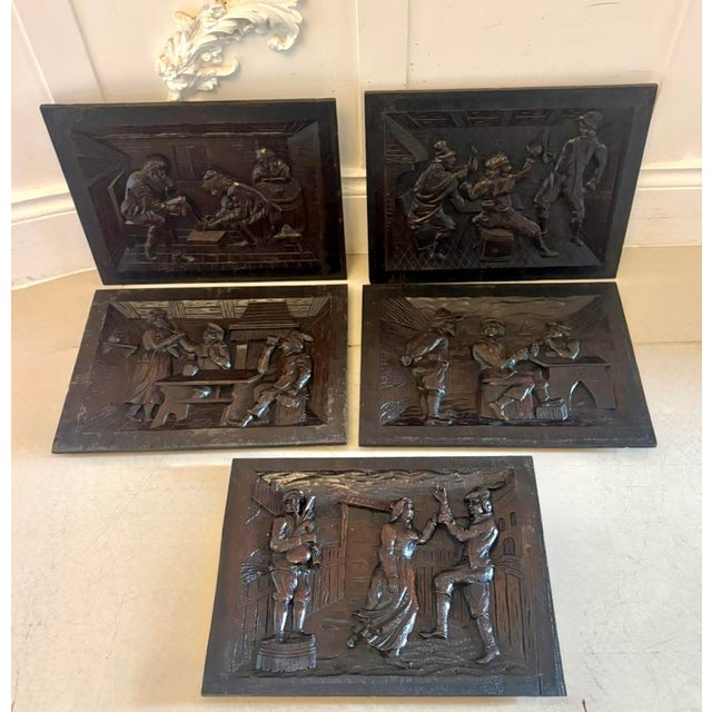 A wonderful set of five antique Victorian carved oak panels dating to circa 1880, finely carved in deep relief with lively...