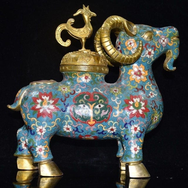Vintage Cloisonné Enamel Gilt Bronze Ram-Form Censer & Incense Burner – Qianlong Mark For Sale - Image 4 of 9