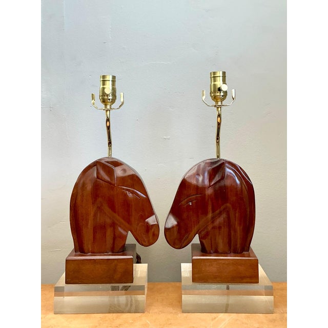 Vintage Carved Wood Horse Lamps on Lucite Base - A Pair For Sale - Image 4 of 17
