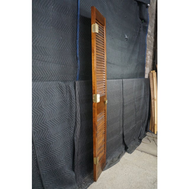 Pair Mid-Century Chinoiserie Elm Louvered Double Bi Fold Doors Brass Shou Pulls For Sale - Image 11 of 18
