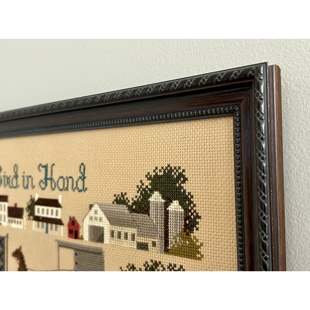 Late 20th Century Vintage “Bird in Hand” Counted Cross Stitch by Told in a Garden – Amish Village Folk Art Needlework, Framed Handmade Textile For Sale - Image 5 of 6