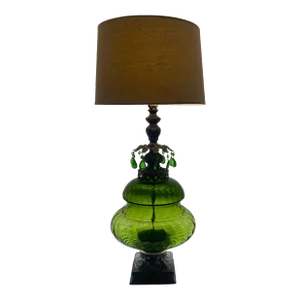 Vintage Large Green Glass Brass Table Lamp