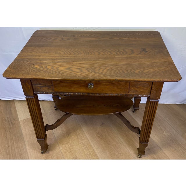 Brown Elegant Vintage Oak Side Table With Drawer & Lower Shelf – Classic Fluted Legs For Sale - Image 8 of 8