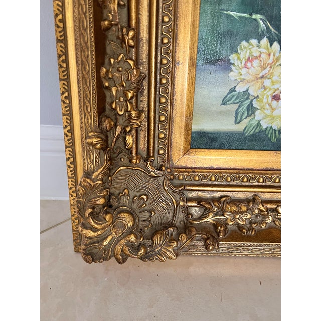 Green Mid Century Floral Oil Painting in Gold Ornate Frame For Sale - Image 8 of 9