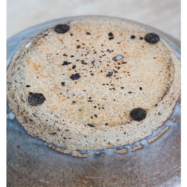 Ceramic Mid Century Modern Round Vase Blue Tan Glaze Studio Ceramic Weed Vintage Flower For Sale - Image 7 of 12