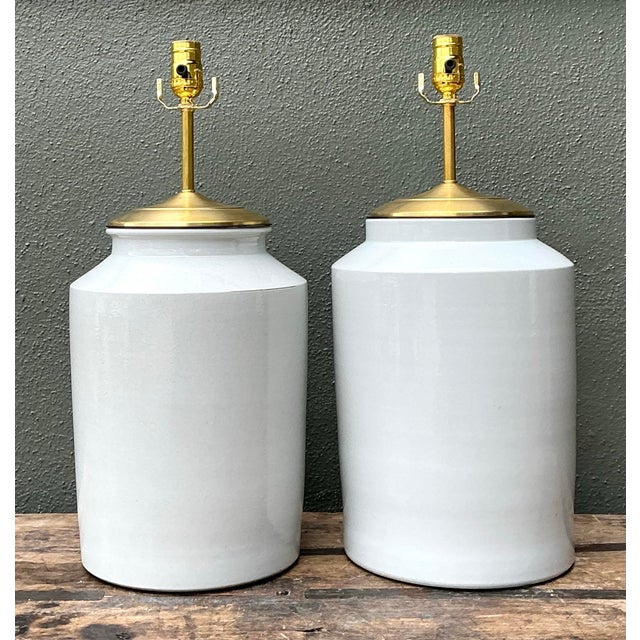 Metal Vintage Glazed Ceramic Jar Lamps - A Pair For Sale - Image 7 of 12