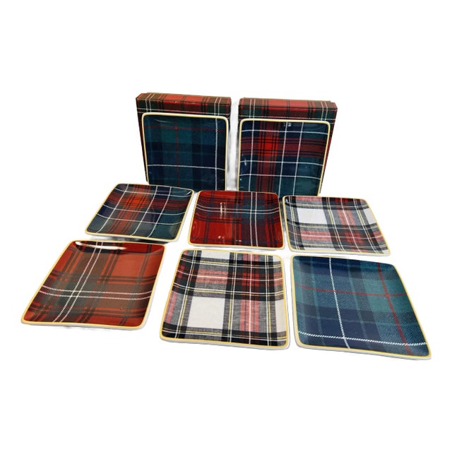 Williams & Sonoma Gold Banded Tartan Square Appetizer Plates ~ Set of 8 For Sale