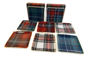 Williams & Sonoma Gold Banded Tartan Square Appetizer Plates ~ Set of 8