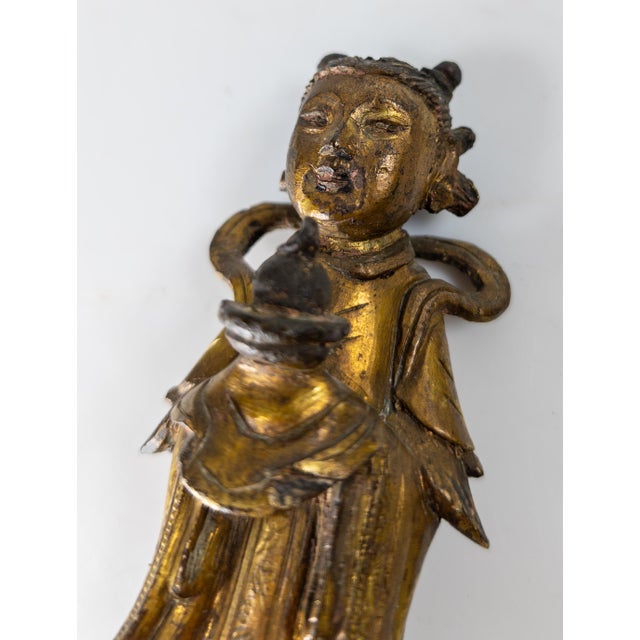 17th Century Ming or Qing Dynasty Chinese Gilt Bronze Daoist Attendant Figure For Sale - Image 13 of 14