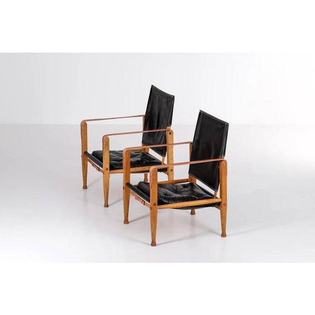 Animal Skin Set of Black Leather Safari Chairs attributed to Kaare Klint, 1950s For Sale - Image 7 of 12