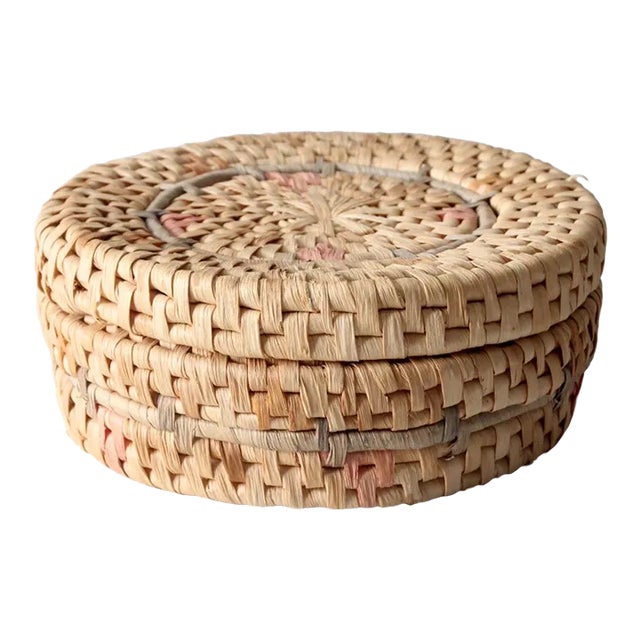 Vintage Woven Pastel Round Basket Box For Sale