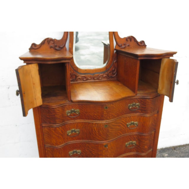 Southern Furniture Early 1900s Tiger Oak Large Tall Serpentine Gentleman’s Chest With Mirror 5982 For Sale - Image 13 of 18